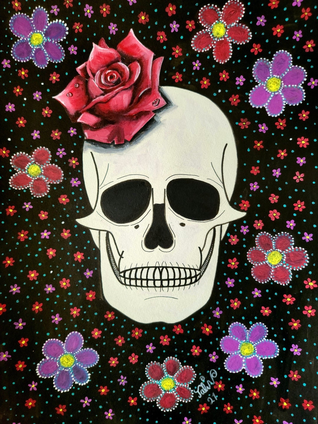 Rose on the Skull 2021, Rose Painting, Halloween Art, Skull Painting, Rose Art, Realistic Rose