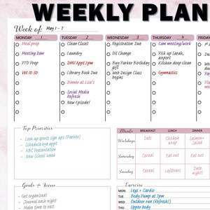 May include: Printable weekly planner with a pink and white design. The planner includes sections for each day of the week, with space for appointments, to-do lists, meals, and exercise routines. The text "WEEKLY PLANNER" is at the top.