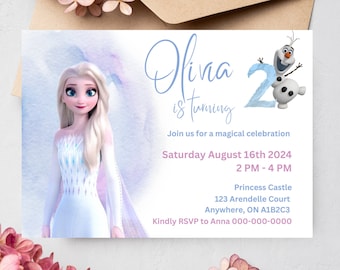 May include: A Frozen-themed birthday invitation with a watercolor background featuring Elsa from the movie. The invitation is for Olivia's 2nd birthday party. The text reads "Olivia is turning 2. Join us for a magical celebration. Saturday August 16th 2024, 2 PM - 4 PM. Princess Castle, 123 Arendelle Court, Anywhere, ON A1B2C3. Kindly RSVP to Anna 000-000-0000."