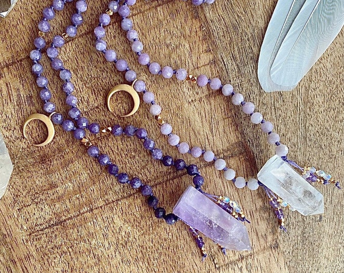 Featured listing image: Midnight Moon Sugilite Mala Necklace Crystal Necklace Sacred Geometry Jewelry Crystal Spiritual Gift Crescent Moon Witchy Tarot Mala Kette