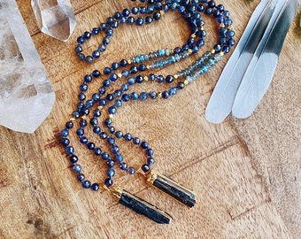 Visionary Shamanic Spiritual Attunement Protection Necklace Iolite Raw Tourmaline Necklace Crystal Labradorite Mala Necklace Energy Clearing