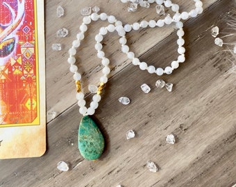 Earth & Moon Light Energy Necklace Chrysocolla Moonstone Spiritual Jewelry Meditation Beads Mala Necklace Aura Protection Empath Mala Kette