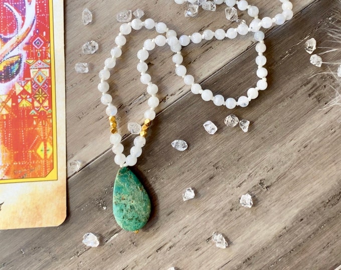 Featured listing image: Earth & Moon Light Energy Necklace Chrysocolla Moonstone Spiritual Jewelry Meditation Beads Mala Necklace Aura Protection Empath Mala Kette