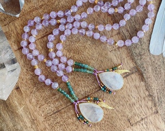 Angel Guidance Light Energy Mala Necklace Moonstone Mala Kette Lavender Amethyst Empath Protection Necklace Goddess Crystal Healing Jewelry