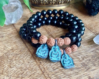 Buddha Vibes Tourmaline Protection Mala Kette Empath Protection Bracelet EMF Protection Bracelet Spiritual Gift Yoga Bracelet Rudraksha Seed