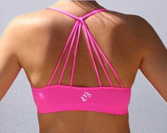 Strappy Yoga Bralette with Om print, yoga, yoga top, yoga bra, strappy bralette, meditation, pink, grey, coral, yoga clothes, bra, bralette