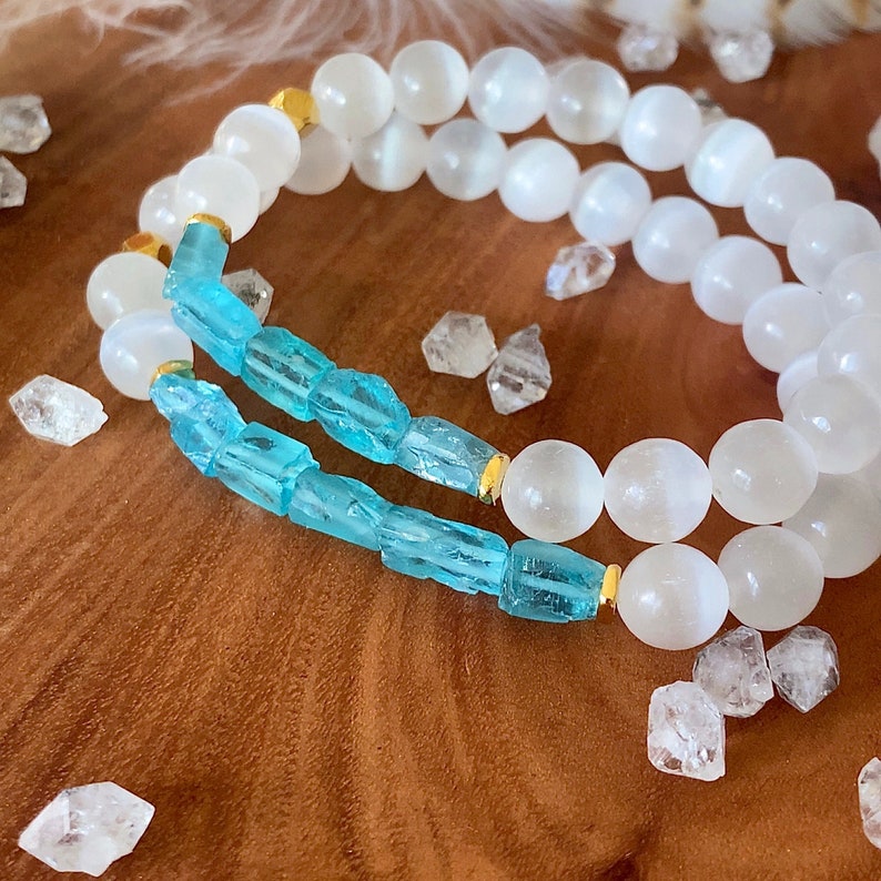 Ascension Bracelet Raw Apatite Mala Bracelet Selenite Gold Bracelet Spiritual Gifts Yoga Gifts Apatite Kette Mala Empath Protection Reiki image 2