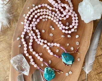 Earth’s Heart Chrysocolla & Morganite Light Energy Mala Necklace Chrysocolla Crystal Mala Kette Ceremony Healing Necklace Goddess Jewelry