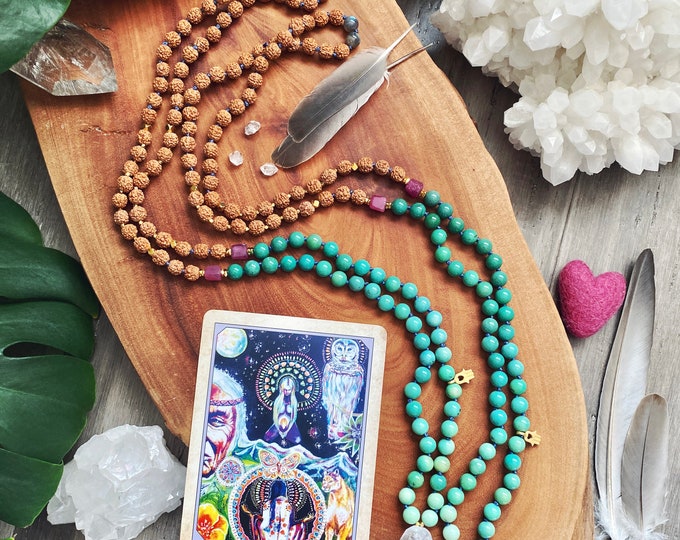 Featured listing image: Freedom of the Heart Chrysoprase Mala Kette Raw Ruby Mala Necklace Spiritual Necklace Empath Protection Sacred Geometry Jewelry Crystal