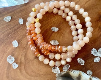 Golden Sun & Moon Light Energy Jewelry Peach Moonstone Mala Bracelet Sunstone Moonstone Mala Kette Crystal Healing Spiritual gift Clearing