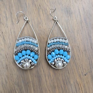 Handmade Blue Beaded Statement Earrings, Silver-Plated Frame, Boho Jewelry
