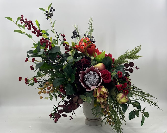 Large artificial Christmas centerpiece, artificial floral arrangement, deep jewel toned centerpiece