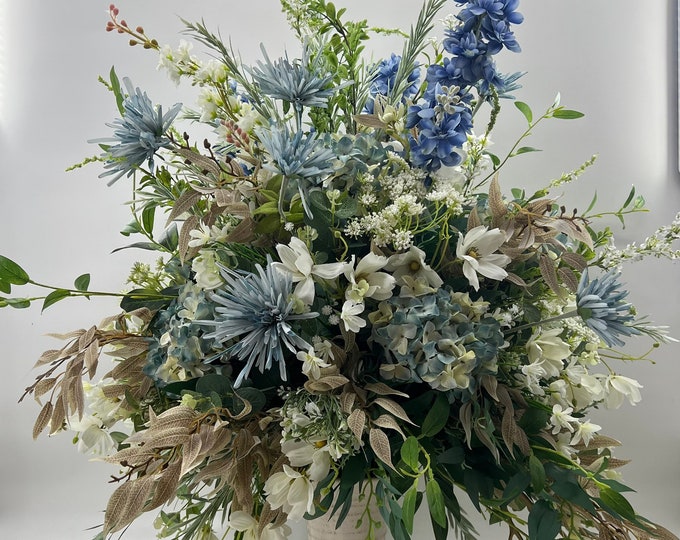 Grande Luxurious artificial white and blue centerpiece arrangement, fall arrangement, artificial flowers, nearly natural