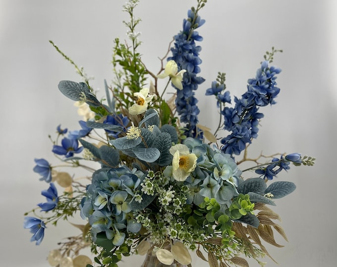 Luxurious artificial white and blue wildflower centerpiece arrangement, spring arrangement, artificial flowers, nearly natural