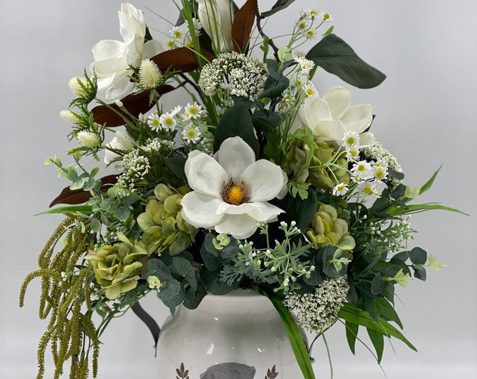 Realistic artificial flower arrangement, spring arrangement, farmhouse style centerpiece, magnolia flower arrangement