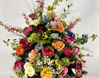 Realistic millefleur artificial flower arrangement, spring arrangement, spring centerpiece, colorful flower arrangement