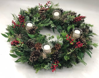 Christmas wreath with votive candles included! Advent wreath, Christmas wreath,m, Christmas arrangement, Christmas