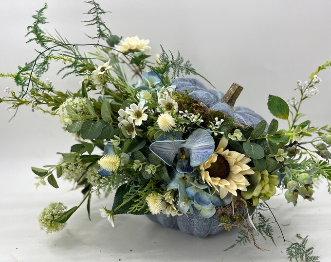 Luxurious blue and white stuffed pumpkin, fall centerpiece, fall arrangement