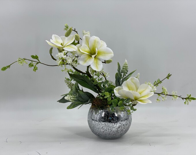 Realistic artificial flower arrangement, magnolia arrangement, spring centerpiece, white flower arrangement