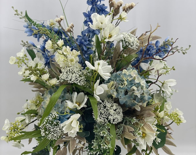 Luxurious artificial white and blue wildflower centerpiece arrangement, fall arrangement, artificial flowers, nearly natural