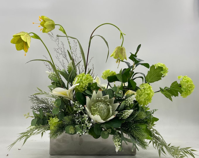 Artificial luxurious Flower centerpiece, artificial floral arrangement, white green toned