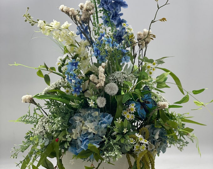 Luxurious artificial white and blue wildflower centerpiece arrangement, spring arrangement, artificial flowers, nearly natural