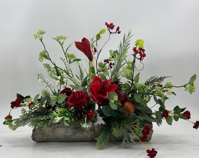 Artificial luxurious Christmas arrangement, artificial floral arrangement, yule log
