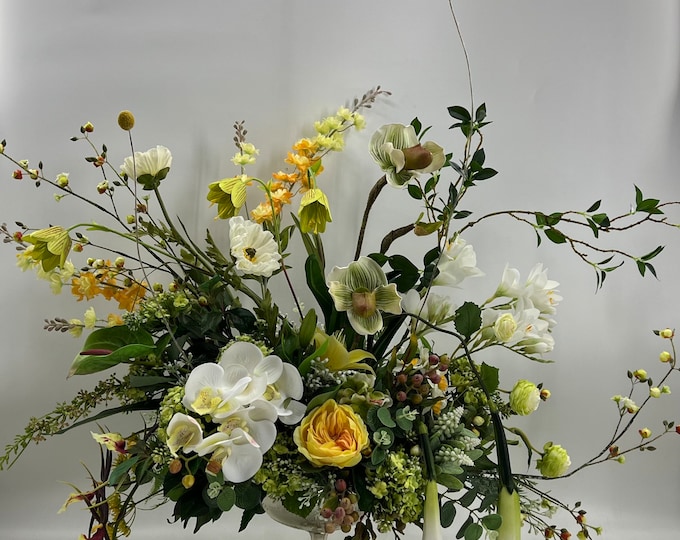 Artificial Yellow Flower centerpiece arrangement, spring arrangement, artificial flowers, nearly natural