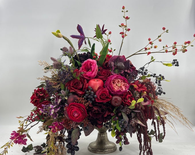 Grande luxurious Christmas centerpiece, artificial floral arrangement, deep jewel toned centerpiece