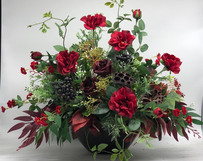 Red floral  arrangement, Artificial centerpiece, fall decor, thanksgiving arrangement, lasts forever