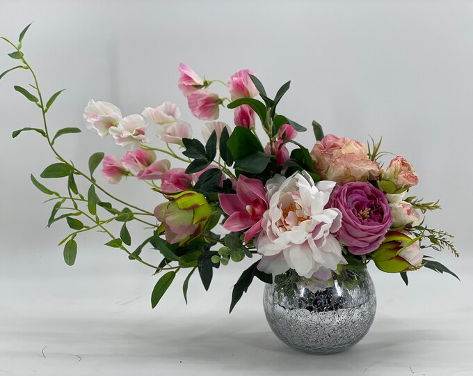 Realistic artificial flower arrangement, spring arrangement, spring centerpiece, pink flower arrangement