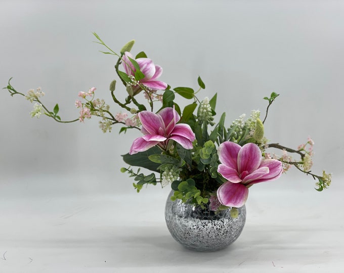 Realistic artificial flower arrangement, magnolia arrangement, spring centerpiece, pink flower arrangement