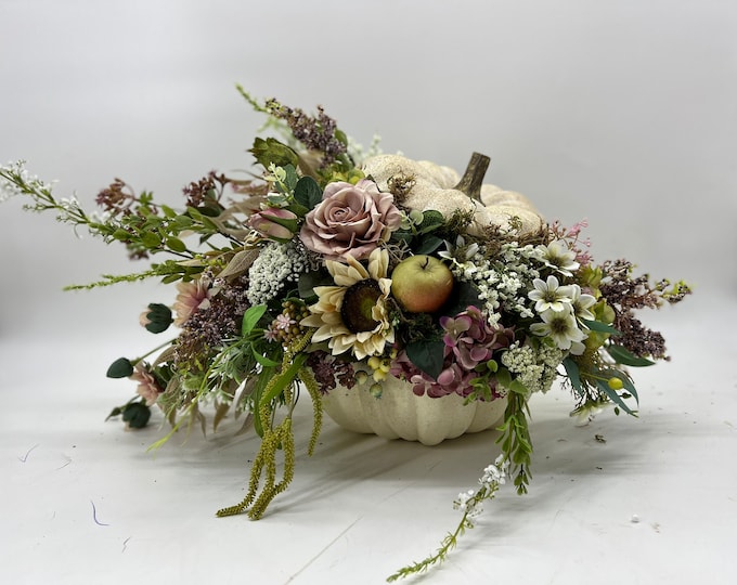 Luxurious dusty pink/mauve stuffed pumpkin, fall centerpiece, fall arrangement