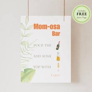 Mimosa Bar Schild, Signatur Getränkeschild, Bar Schild Vorlage, Mom-osa Bar, Dinosaurier-Babyparty, Brunch und Sekt, Mimosa Bar druckbar, D1