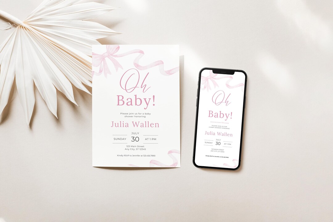 Pink Bow Printable Baby Shower Invitation, Love Shack Fancy Baby Shower, Pink Ribbon Printable