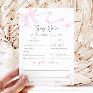 Baby-Vorhersagen, Wünsche für Baby, Rosa Schleife Druckbare Babypartyspiele, Kokette Rosa Schleife-Mädchen-Babyparty, Love Shack Fancy Theme, P1
