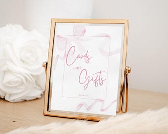 Cards and Gifts Sign, Pink Bow Baby Shower Signs, Coquette Aesthetic Bridal Shower Sign, Custom Sign Template, Downloadable Party Printable