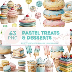 Pastel zoete lekkernijen clipartbundel, bakkerijwinkel png, zoete snacks, cupcake clipart, ijs clipart, regenboog lolly png, Franse bitterkoekjes