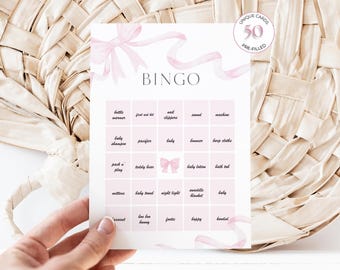Baby Shower Bingo, 50 Unique Prefilled Baby Shower Bingo Cards, Pink Bow Girl Baby Shower Games, Coquette Aesthetic Printable Games, P1