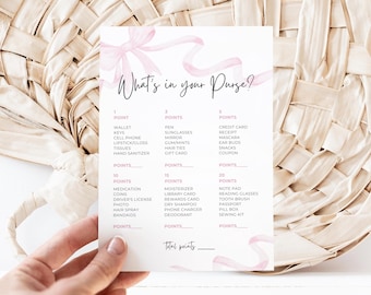 Plantilla de juego para baby shower "Qué hay en tu bolso", actividad para baby shower de niña con lazo rosa, juego divertido para baby shower con lazo coqueto, descarga instantánea, P1
