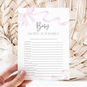 Pink Bow Girl Baby Shower Games, Baby Shower Word Scramble, Love Shack Fancy Baby Shower Printables, Coquette Aesthetic Shower Games, P1