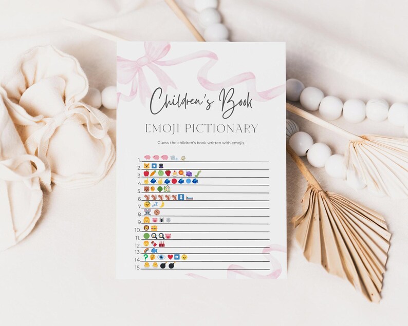 Pictionary Ribbon Pink Bow Girl Baby Shower Games, Emoji Baby Shower Game, Baby Shower ...