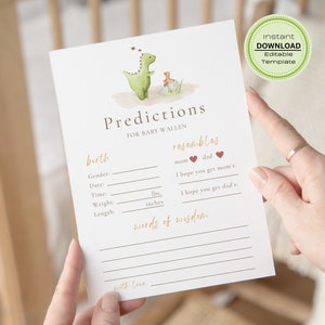 Cartes de prédiction de baby shower dinosaure, voeux de bébé, jeux de shower de bébé imprimable dinosaure aquarelle, prédictions de baby shower de dinosaure D1
