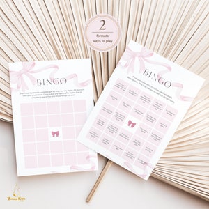 Bingo babyshower, roze strik meisje babyshowergames, vind de gast babyshowerspel, blush roze coquette, afdrukbare bingokaarten, P1