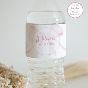 Pink Bow Water Bottle Label, Editable Water Bottle Personalized Labels, Custom Water Bottle Labels, Coquette Girl Baby Shower Template, P1