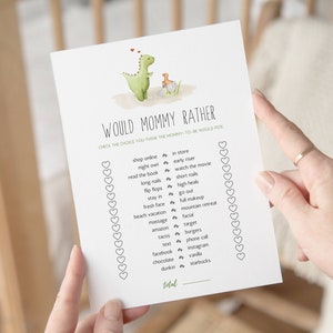 ¿Qué preferiría ella para el baby shower?, ¿Qué preferiría mamá?, Baby Shower de dinosaurios, Juegos divertidos para baby shower, Juego de dinosaurios imprimible, D1