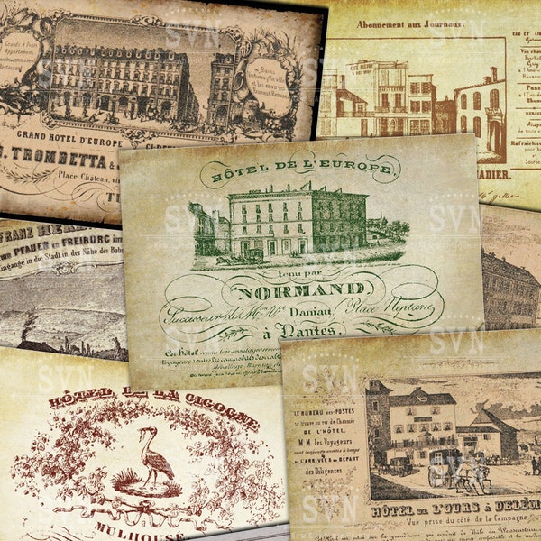 Antique Hotel Cards - Vintage Advertising - Old Style - 9 different designs - 1 Printable Sheet of ACEO - ATC Card.