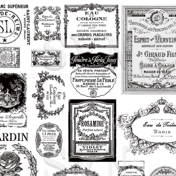 19 Etiquetas de perfumes franceses antiguos - 19 diseños diferentes - 2 hojas de collage digital A4 - Descarga instantánea