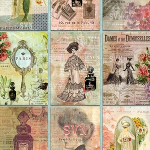 May include: A collage of vintage images featuring perfume bottles, flowers, and women in elegant dresses. The text "A la Reine des Fleurs" and "Dames et des Demoiselles" are visible. The images are in a muted colour palette of pink, blue, and green.
