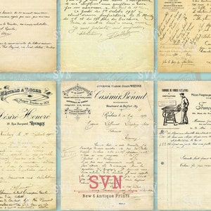 以下が含まれることがあります： 手書きのテキストと署名が書かれたアンティーク文書のコラージュ。紙はサイズとスタイルが異なり、インクが薄れ、紙が古くなっています。一部の文書には装飾的な要素と会社のロゴが含まれています。